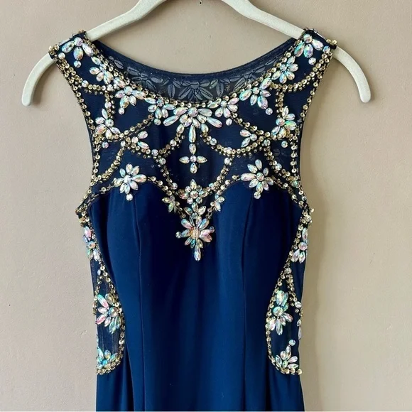 BETSY AND ADAM Illusion Low Back Prom Dress Crystal Beading Rhinestones WOFO 2